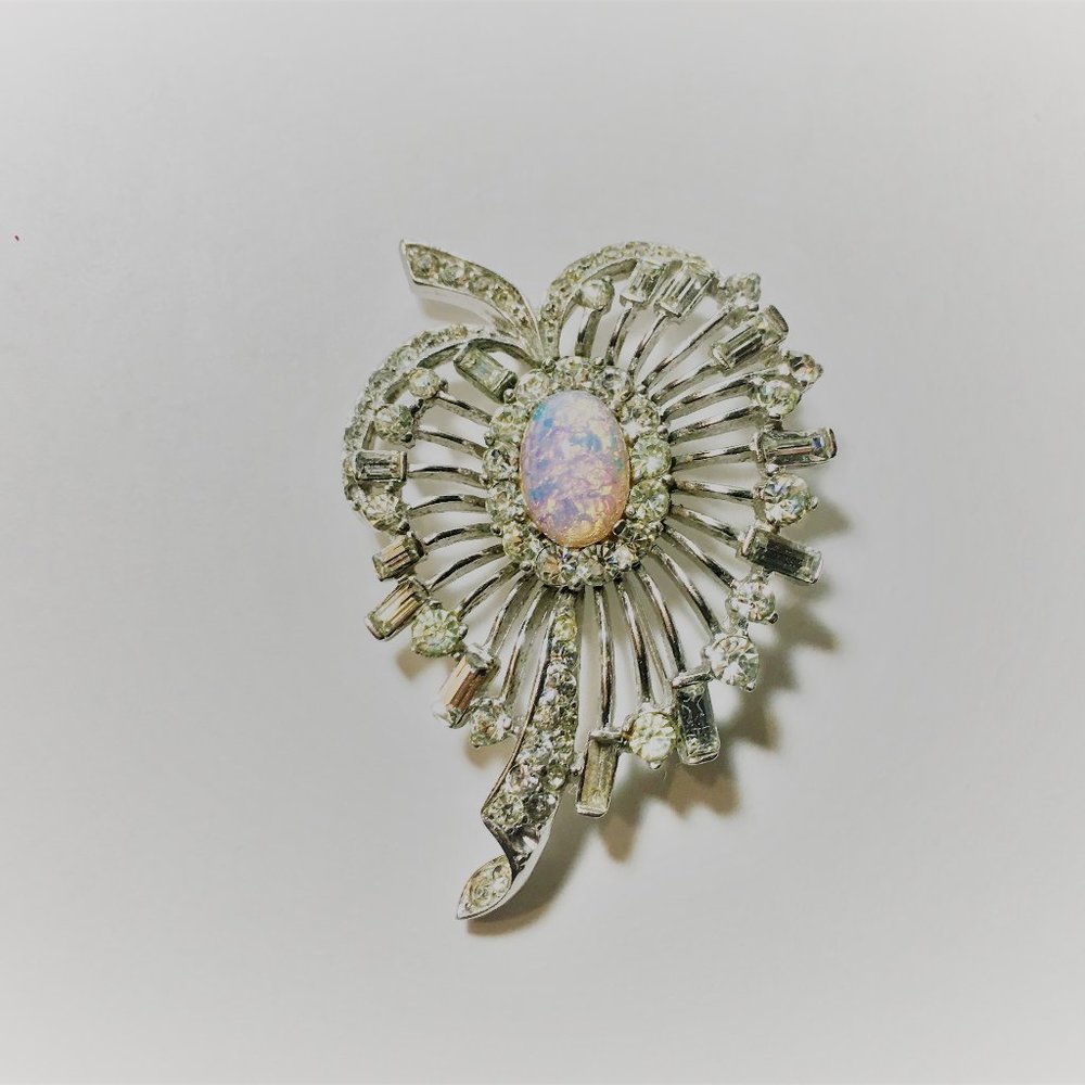 Opal & Diamanté Leaf Brooch by Marcel Boucher